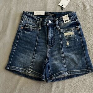 Judy Blue Blue Jean Shorts with Distressed Details and Cuffed Hem